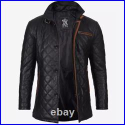 Black Diamond Quilted Lambskin Leather Handmade Car Coat With Brown Detailing