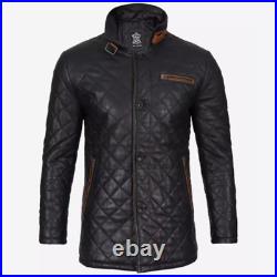 Black Diamond Quilted Lambskin Leather Handmade Car Coat With Brown Detailing