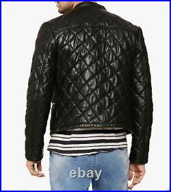 Diamond Quilted Pattern Design Men's Black Jacket 100% Real Leather Biker Jacket