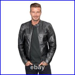 Men's David Beckham Black Diamond Quilted Slim Fit Genuine Leather Jacket Gift