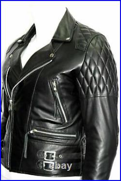 Men's Diamond Quilted Design Motorcycle Biker Jacket Lambskin Leather Black Coat