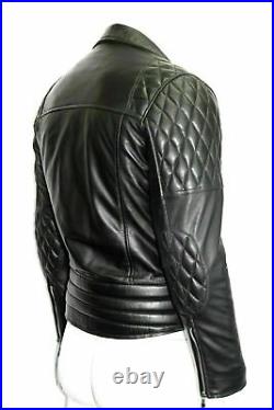Men's Diamond Quilted Design Motorcycle Biker Jacket Lambskin Leather Black Coat
