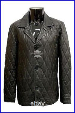 Men's Diamond Quilted Leather Jacket Black Casual Classic Leather Coat P-456