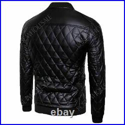 Men's Genuine Lambskin Leather Diamond Quilted Design Jacket Bomber Biker Jacket
