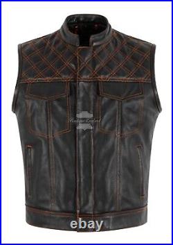 Men's SOA Biker Waistcoat Vest Black Cow Hide Leather Paisley Liner Waistcoats
