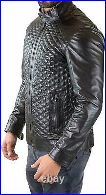 Mens Real Leather Black Diamond Cut Quilted Design Jacket Motor Biker Racer Coat
