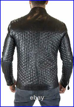 Mens Real Leather Black Diamond Cut Quilted Design Jacket Motor Biker Racer Coat