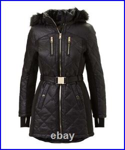 Michael Kors Women's Jacket Diamond Quilted Fur Hooded Zip-Up Belted Winter Coat