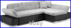 Sofa- Malvi L-Shape Corner Sofa bed & Storage- Fabric+Leather -Black/Grey Grey